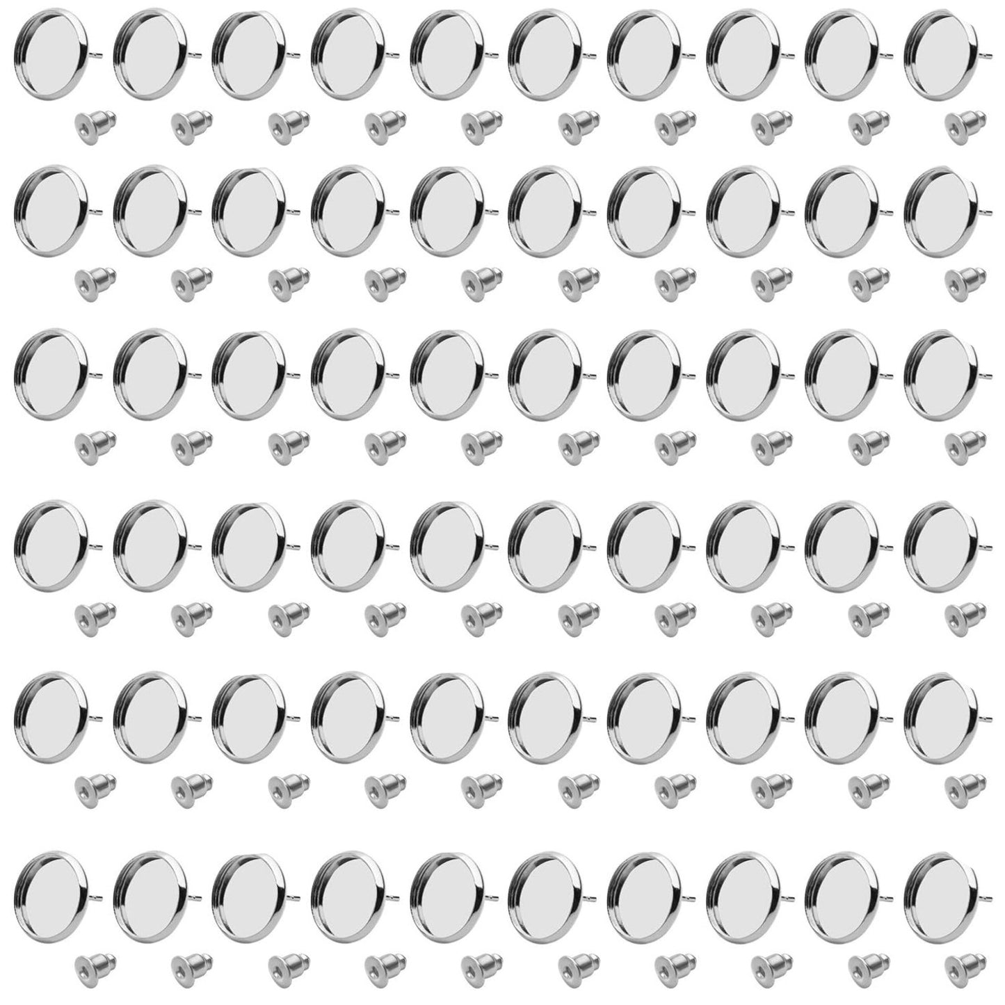Stud Earring Findings, 60pcs Blank Stud Earring Bezel Setting Post Cup for 12mm Cabochon and 60pcs Earring Backs for Jewellery Making
