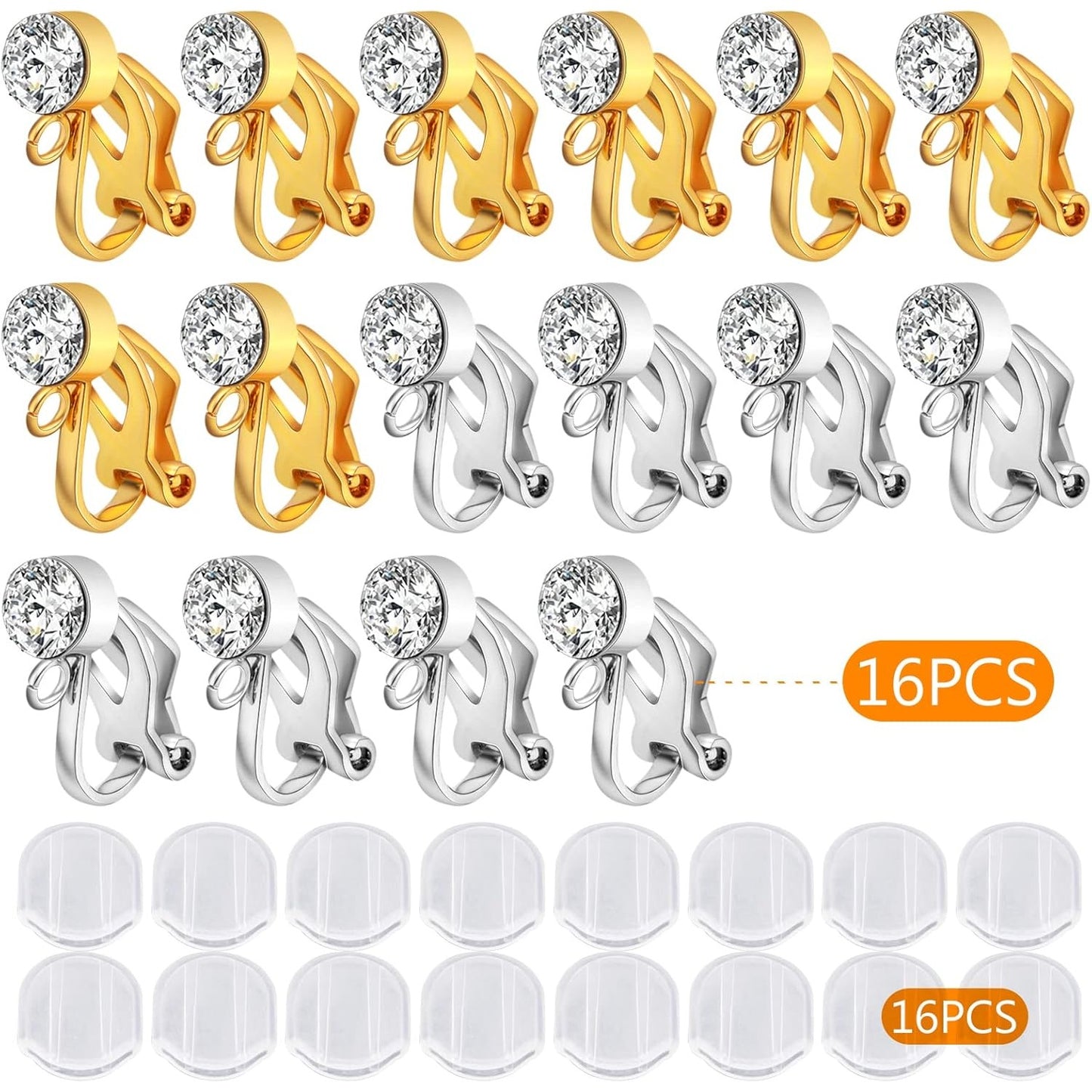 16pcs Clip-on Earring Converters Brass Triangle Earring Clips with Crystal Rhinestone Earring Findings and 16pcs Silicone Ear Pads for Non-Pierced Ears DIY Jewelry Making, 2 Colors