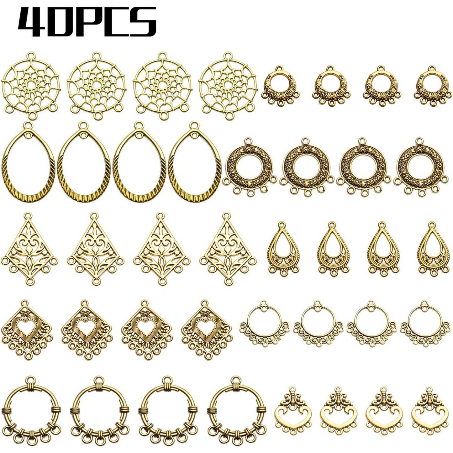Earring Connectors, 40pcs 10 Styles Tibetan Bohemian Chandelier Charms Metal Embellishments for DIY Dangle Earring Drop Jewellery Making Kits, Antique Golden
