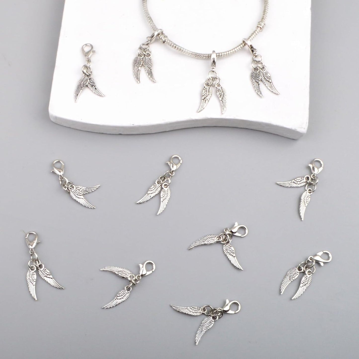 20 Sets of Angel Wing Clip on Charms with Lobster Clasp Antique Silver Double Wings Dangle Pendant Clasps Hanging Ornaments for DIY Earrings Keychains Crafts Jewelry Making