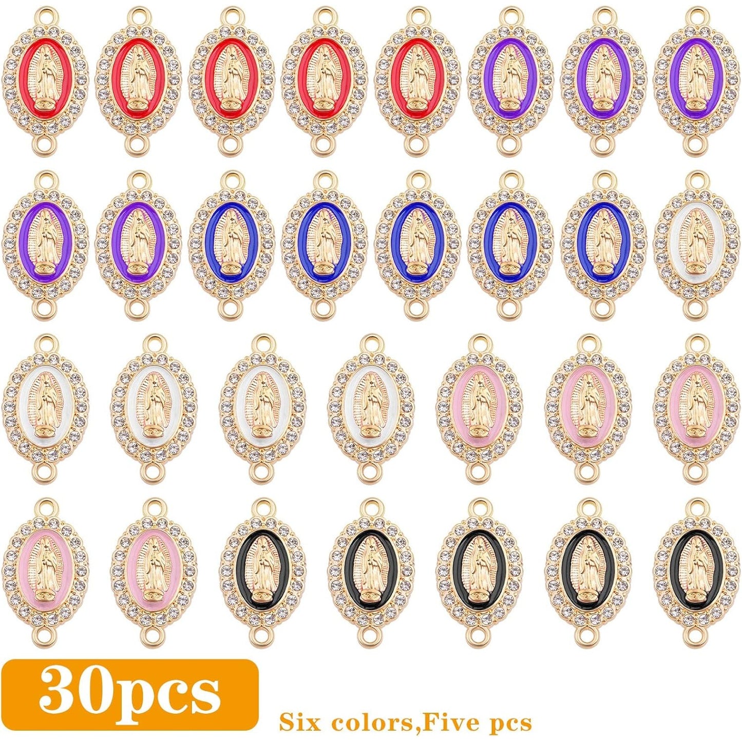 30pcs Alloy Enamel Virgin Mary Charms Links Rhinestones Our Lady Miraculous Medal Charms Crucifix Connection Bracelet Pendant for DIY Necklace Jewelry Making, 6 Colors