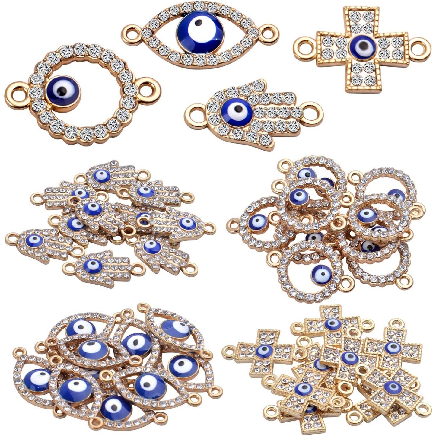 40pcs Evil Eye Connectors Pendants Bracelet Rhinestone Connector Bead Charms Round Cross Hand Eye Forms for Bracelet Necklace Crafts DIY,Gold