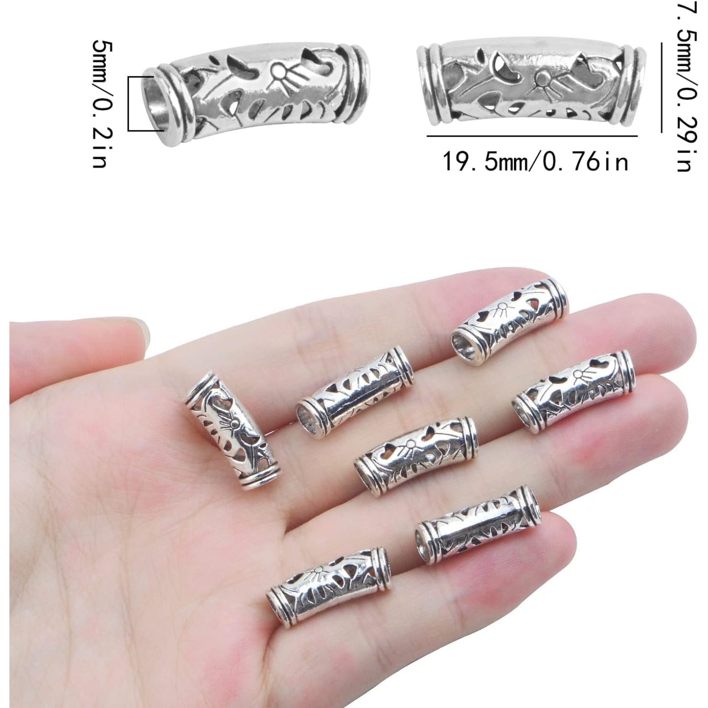 50pcs Antique Silver Hollow Curved Tube Spacer Beads Tibetan Alloy Large Hole Long Tube Loose Beads Slide for European Charms Leather Cord Jewelry Making, Hole: 5 mm