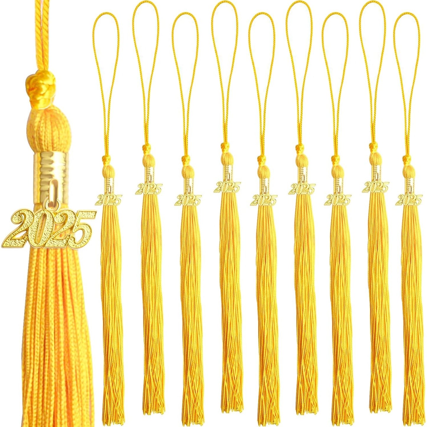 10pcs Yellow Graduation Tassels Grad Cap Decors with 10pcs Golden 2025 Year Charm Pendants for 2025 Graduates Graduation Hats Ceremonies Parties Decorations Souvenirs