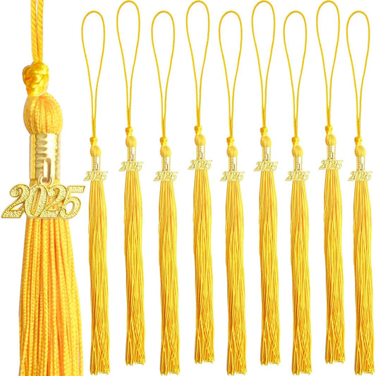 10pcs Yellow Graduation Tassels Grad Cap Decors with 10pcs Golden 2025 Year Charm Pendants for 2025 Graduates Graduation Hats Ceremonies Parties Decorations Souvenirs