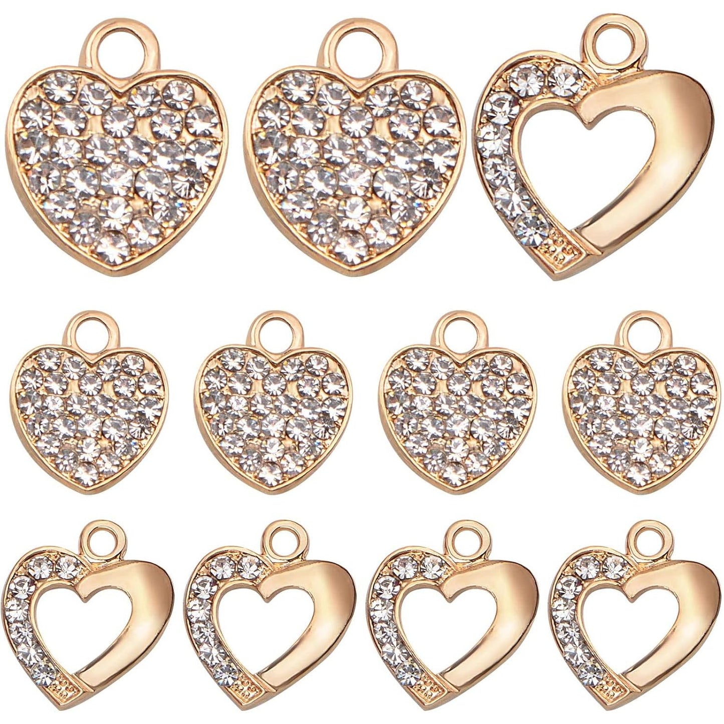20pcs KC Golden Heart Rhinestone Charms Valentine Love Heart Shaped with Diomond Dangle Pendants for DIY Bracelet Necklace Jewelry Making Christmas Birthday Gift, 2 Styles
