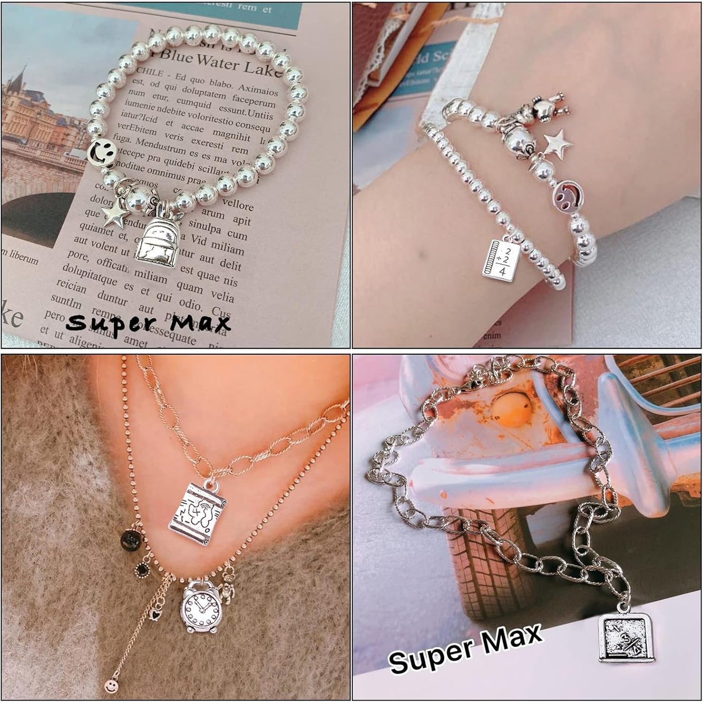 56pcs Mixed Styles School Theme Charms Tibetan Alloy Teacher Pendants Ruler Pen Books Calculator Compass Charms for DIY Bracelet Necklace Crafts Jewelry Making, Antique Silver