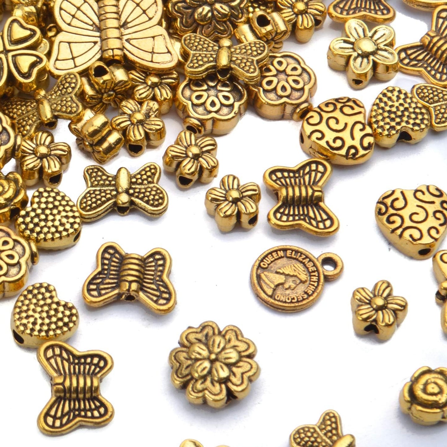 100 Gram(About 130-170pcs) Antique Gold Alloy Heart Butterfly Flower Beads Charm Bead Spacers Jewelry Findings Accessories for Bracelet Necklace Jewelry Making