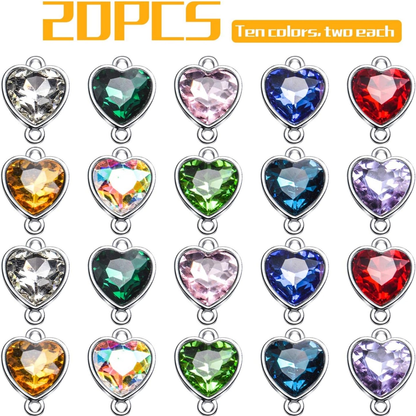 Crystal Birthstone Pendants, 20pcs Mixed Colors Heart Crystal Birthstone Charms Glass Gemstone Pendants Flat Round Glass Links Charms with Double Loop Bail Connectors for Jewelry Making