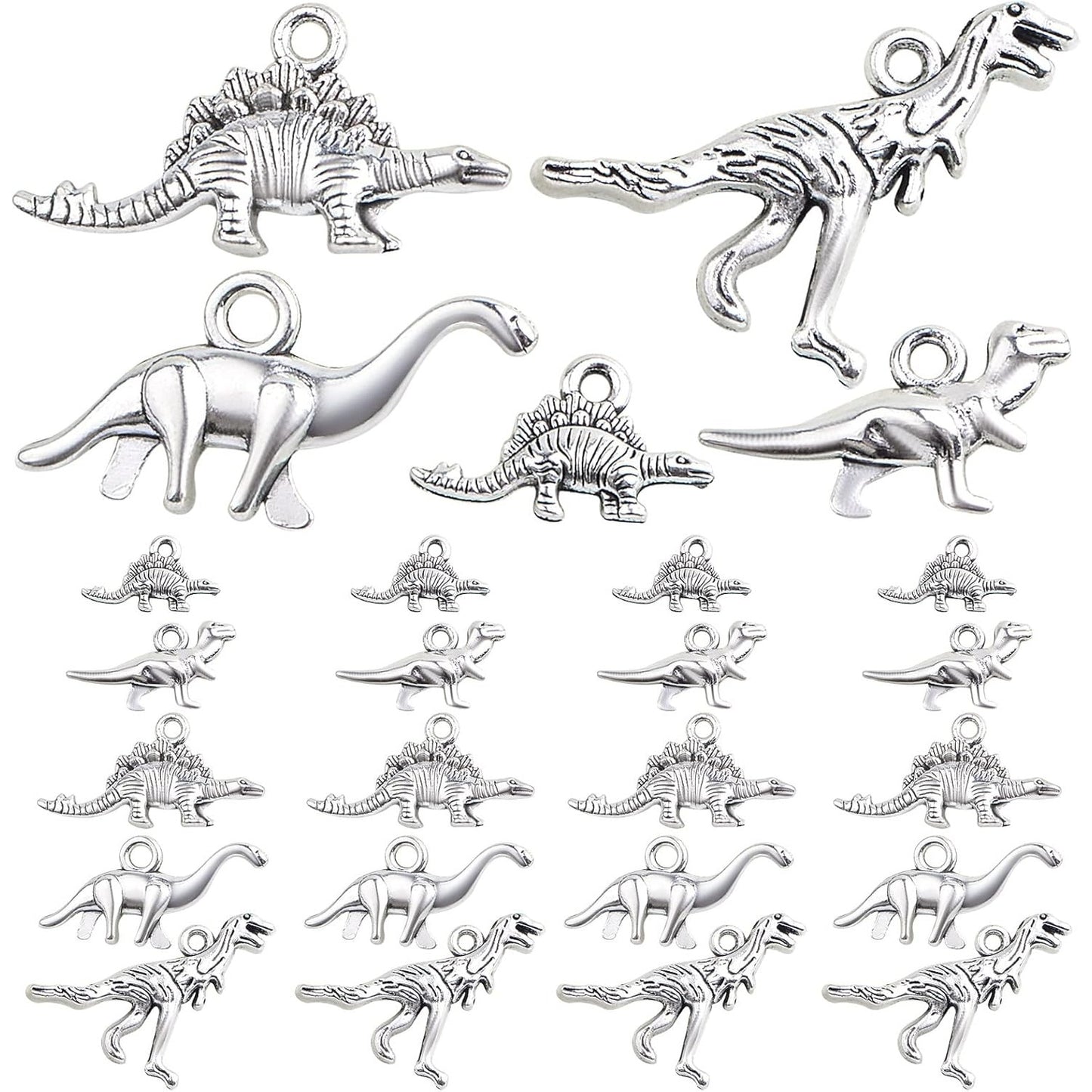 50pcs Antique Silver Mixed Dinosaur Charms Tibetan Alloy Animal Dinosaur Shape Dangle Pendants Bulk Lot for DIY Necklace Bracelet Jewelry Making Supplies, 5 Styles