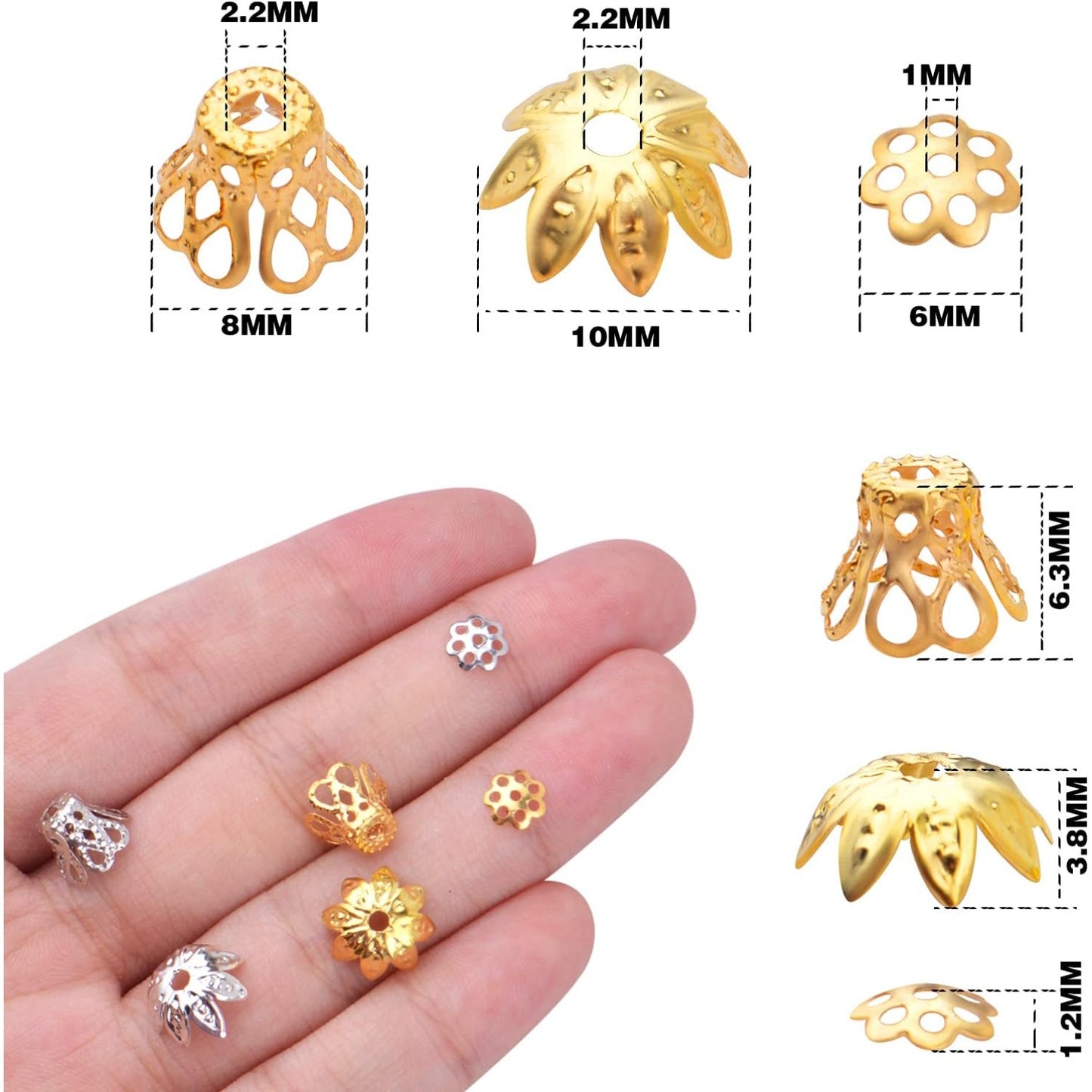 2400pcs Filigree Flower Beads Caps Metal Spacer Beads Caps Hollow Cone End Caps Jewelry Making Accessories for DIY Bracelet Earring Necklace Craft Supplies, 3 Styles, Golden and Silver
