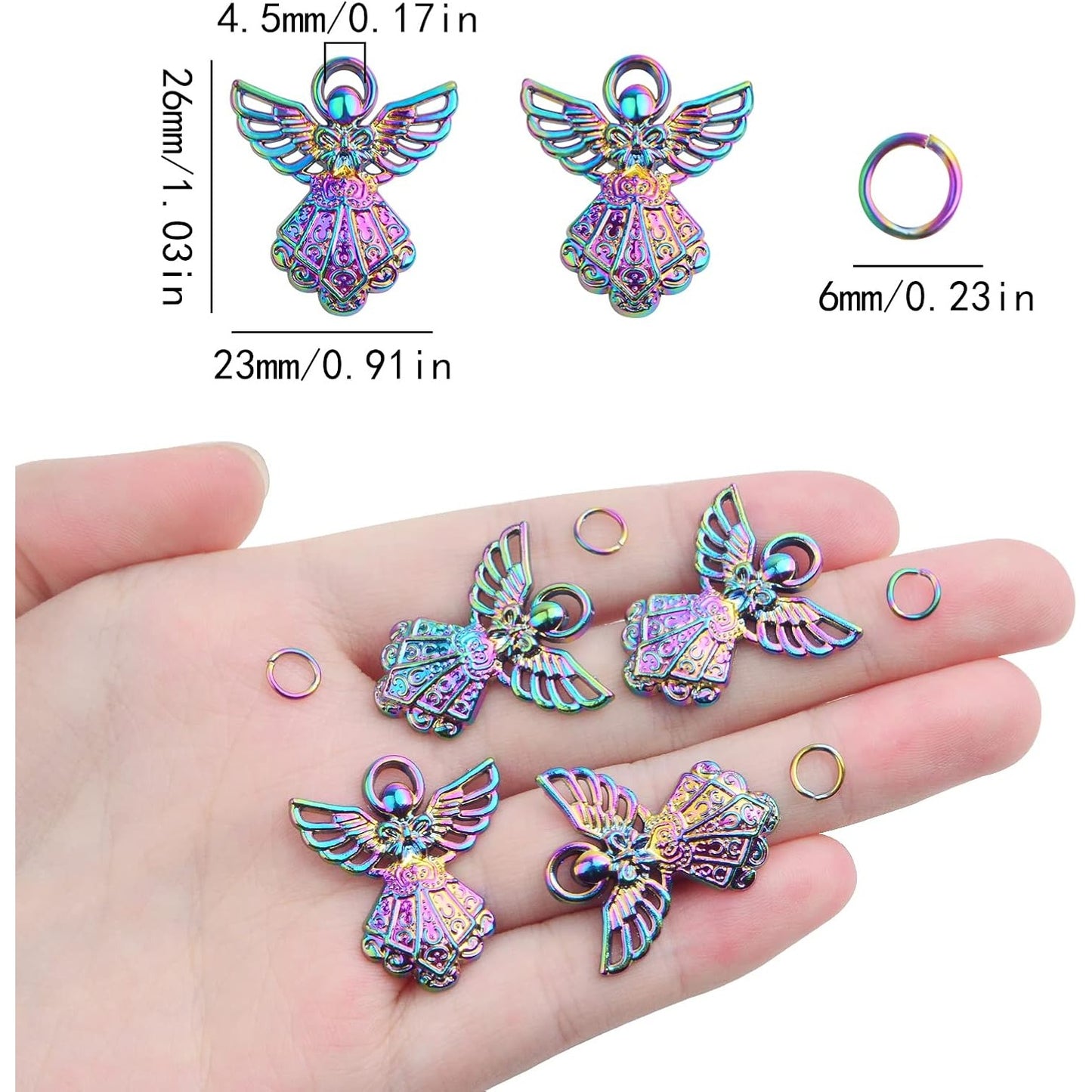 20pcs Alloy Angel Wing Pendant Charms Guardian Angel Pendant Ornaments and 20pcs Open Jump Rings for DIY Bracelet Necklace Keychains Jewelry Making, Rainbow Color