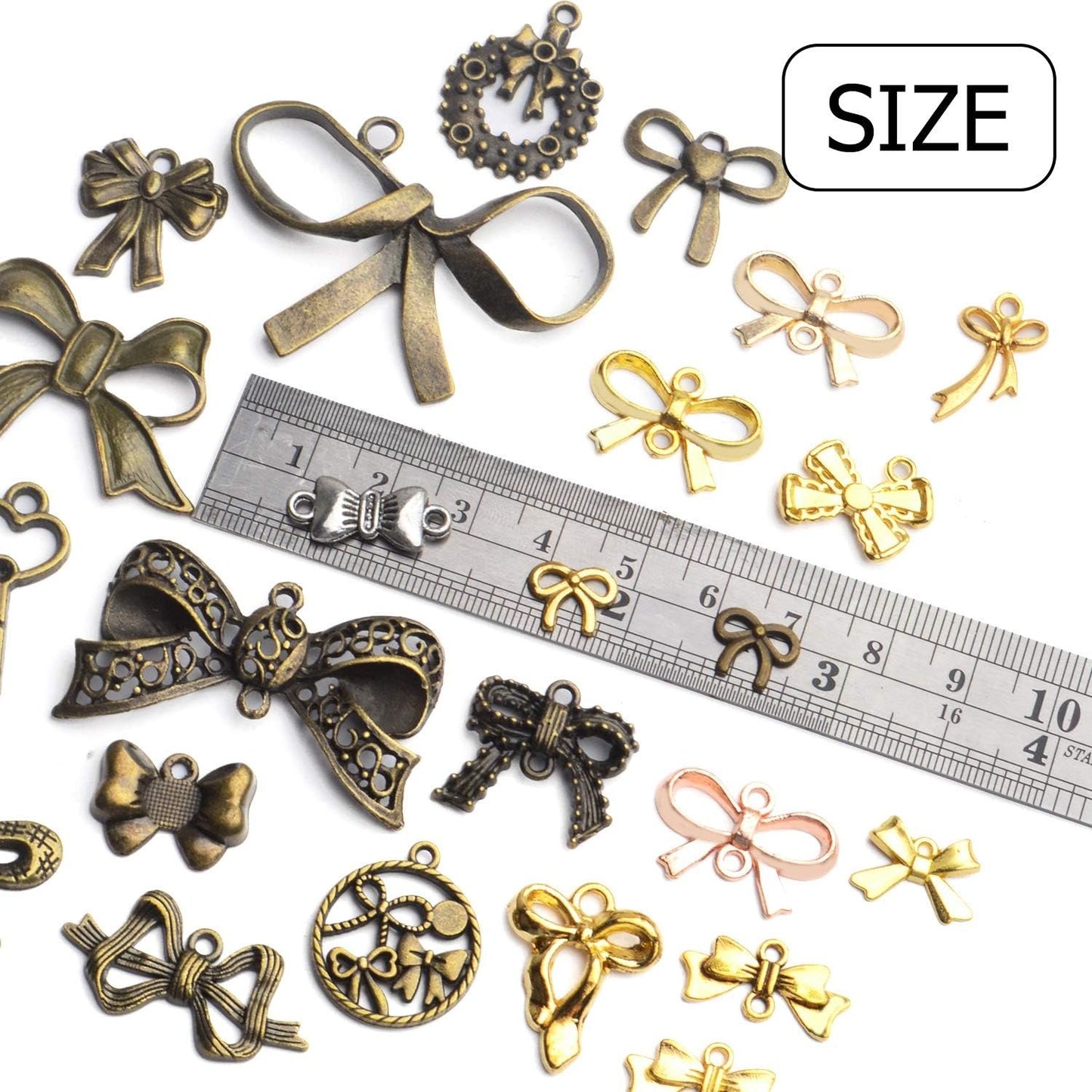 Bow Pendant Charms, 100 Gram(About 50-80pcs) Alloy Bow Tie Pendant Mixed Bow Pendant Handmade Bowknot Charms Crafts for Bracelet Necklace Jewelry Making, 10-70mm