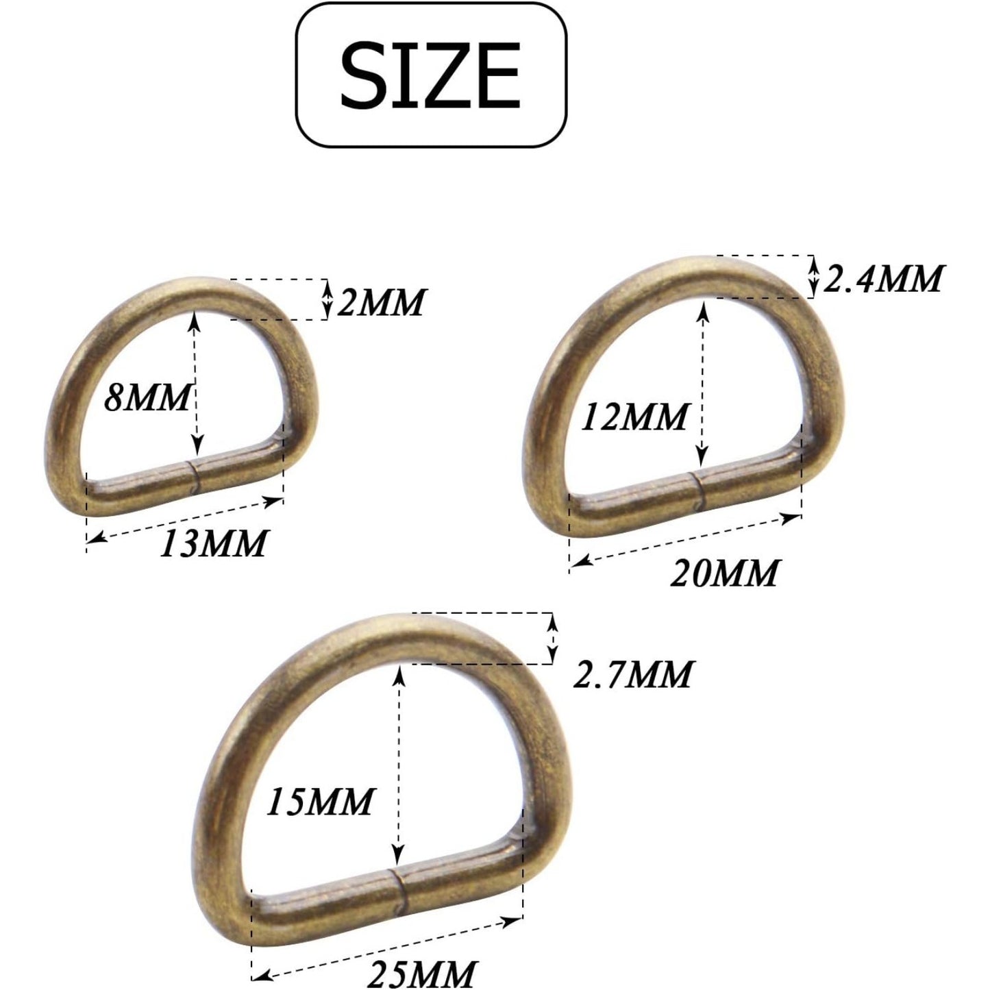 100pcs Multi-Purpose Metal D Rings Semi-Circular D Rings Hardware DIY Accessories for Bags Pet Collars Chain Bags,1/2inch,3/4inch and 1 inch