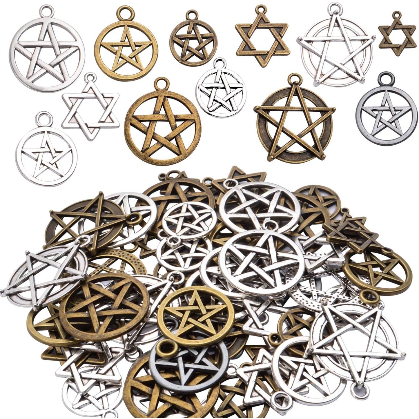 48pcs Mixed Pentagram Charms Round Star Pentacle Pendants Antique Jewelry Accessories for Necklace Bracelet Crafting