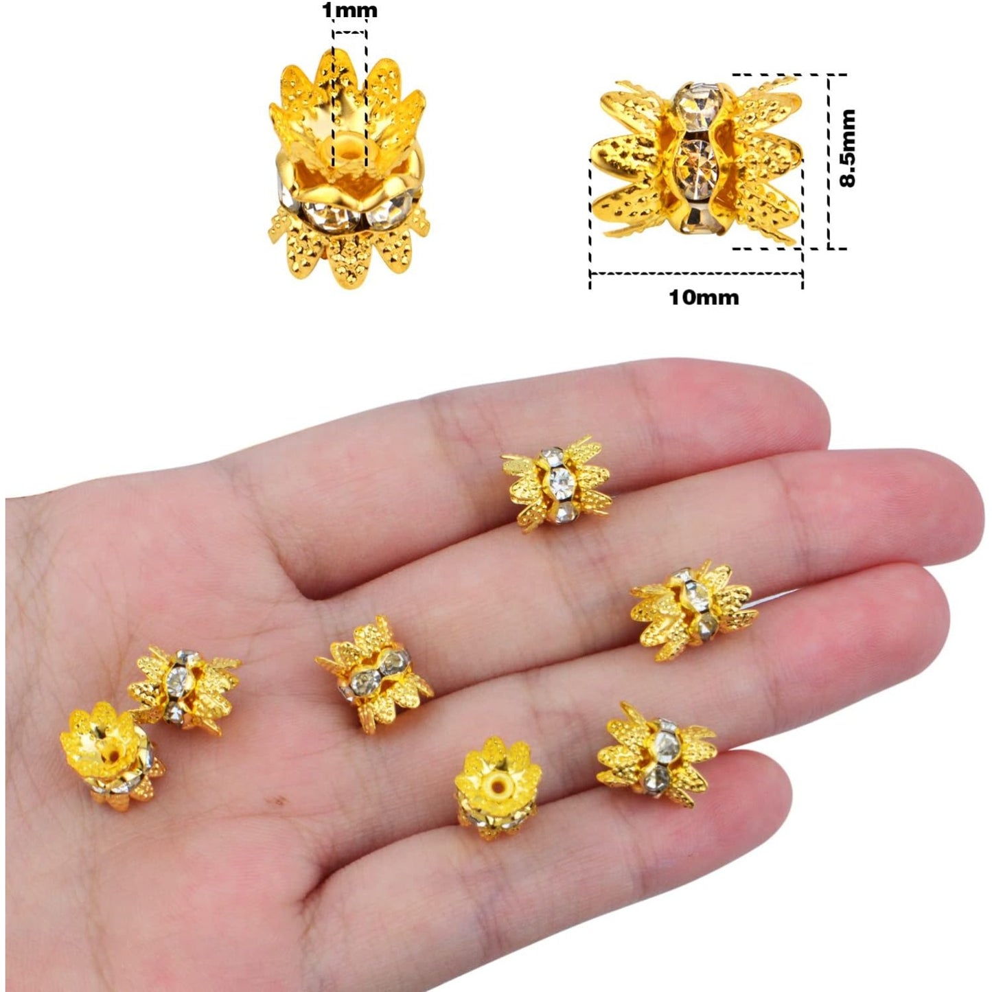 60PCS Double Flower Beads Caps with Rhinestone Petal Brass Bead Spacer Flower Caps Jewelry Making Accessories for Bracelet Necklace Earring