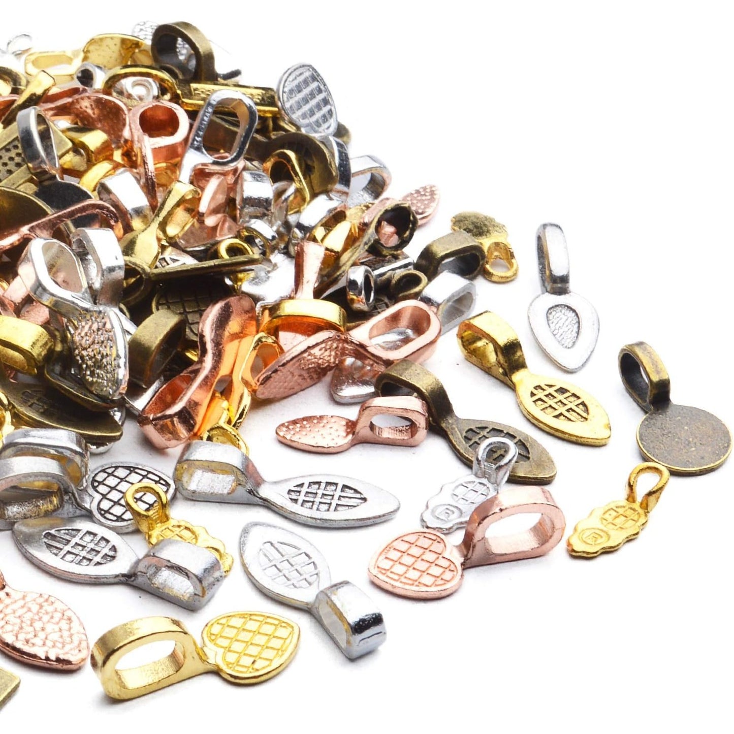 Glue on Bails, 100 Gram Mixed Tibetan Style Glue on Bails Pendants Alloy Flat Pad Bails Tag Charms Connector Hanger for Earring Necklace Jewelry Findings Crafting