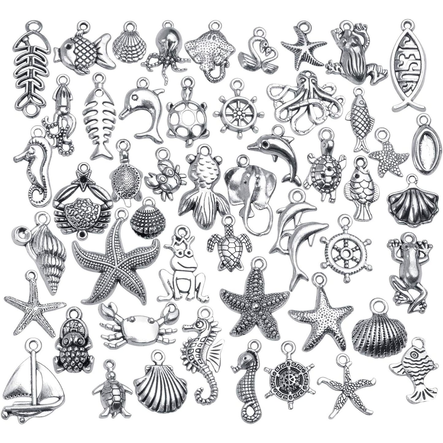 Sea Animal Charms, 50pcs Alloy Marine Life Pendants Ocean Fish & Sea Creatures Charms Pendants Jewelry Findings for DIY Necklace Bracelet, Silver