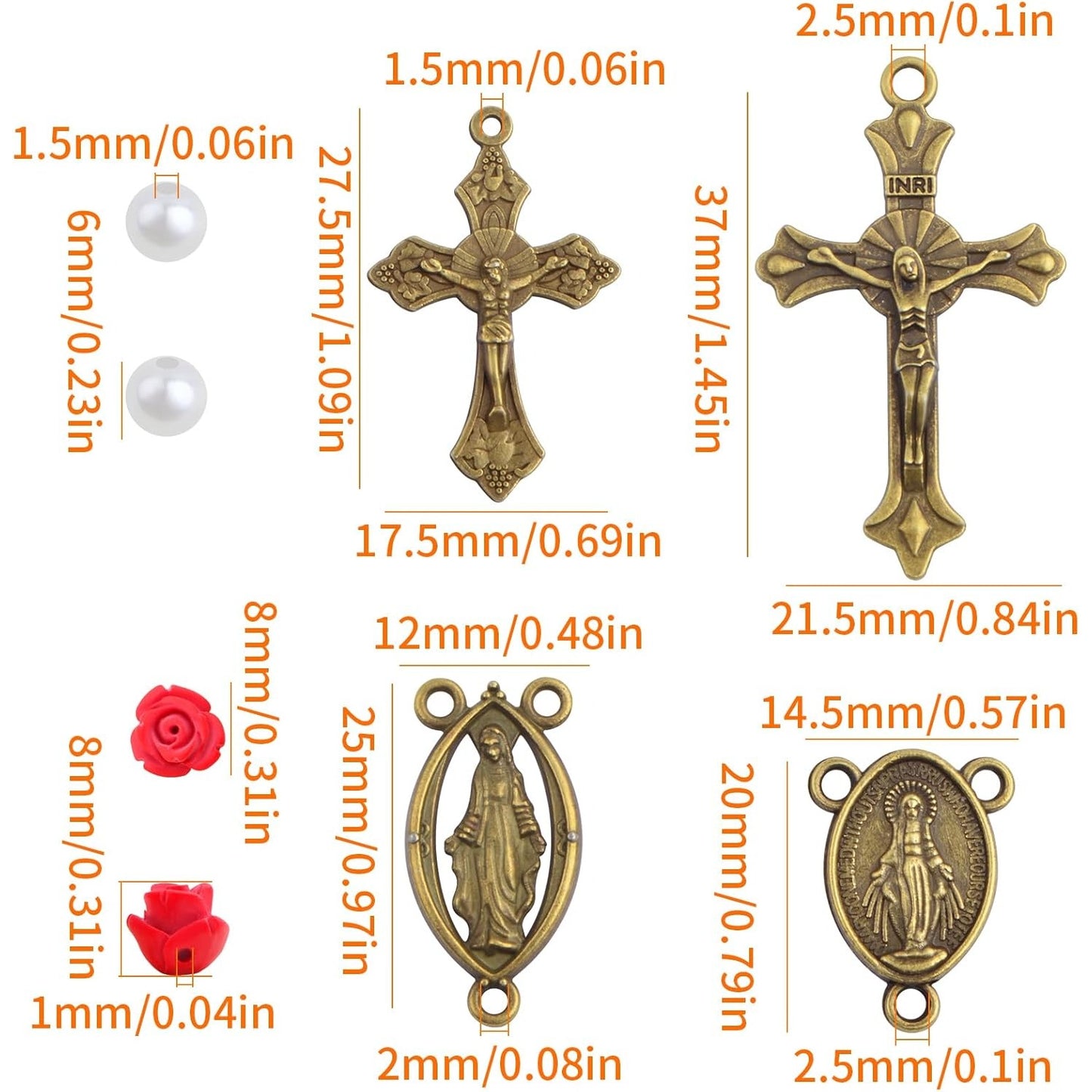10pcs Antique Golden Jesus Cross Charms, 10pcs Virgin Mary Pendant Links, 30pcs Cinnabar Red Rose Beads and 500pcs White Pearls Kit for DIY Rosary Necklace Crafts Jewelry Making