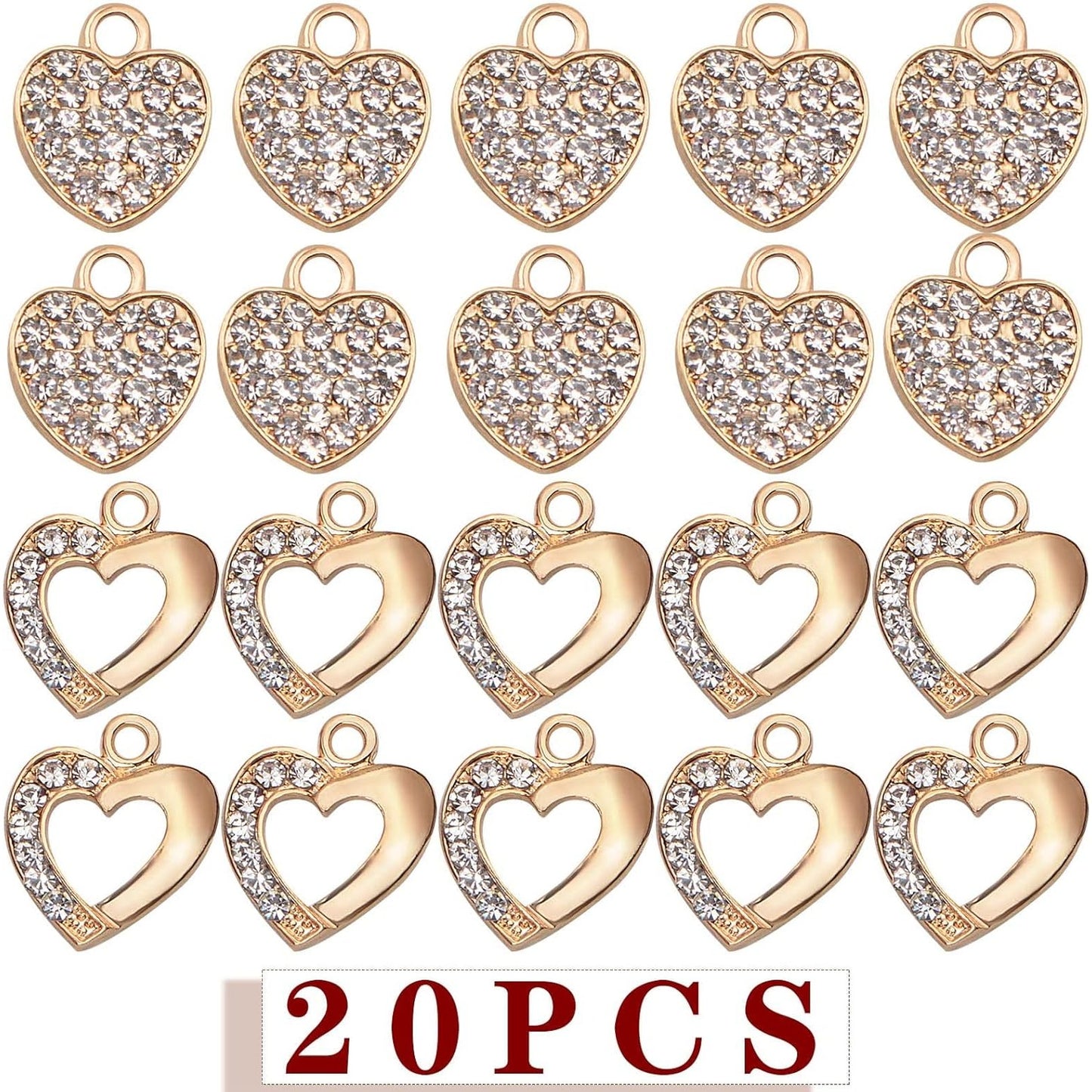 20pcs KC Golden Heart Rhinestone Charms Valentine Love Heart Shaped with Diomond Dangle Pendants for DIY Bracelet Necklace Jewelry Making Christmas Birthday Gift, 2 Styles