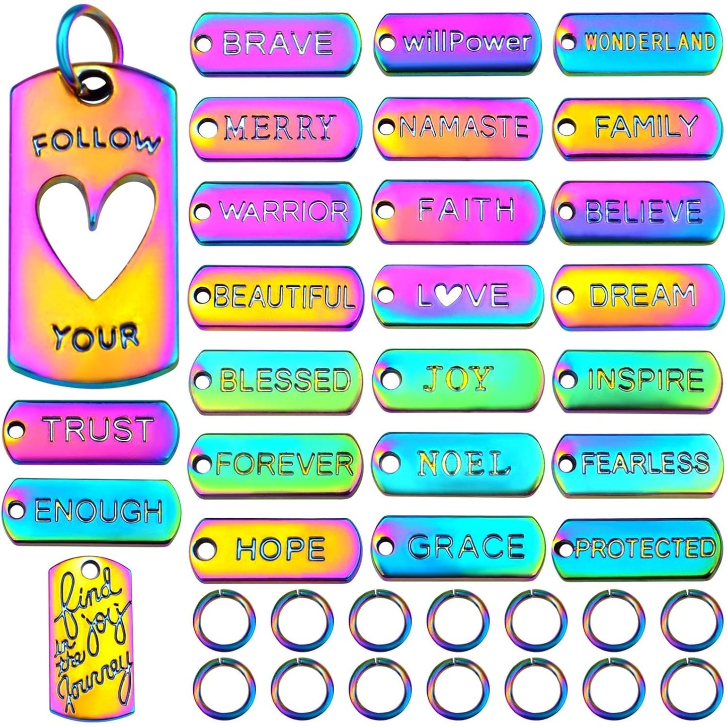 25pcs Inspiration Words Charms Engraved Motivational Word Dangle Pendants with 25pcs Open Jump Rings for DIY Bracelet Necklace Jewelry Making