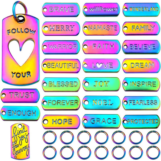 25pcs Inspiration Words Charms Engraved Motivational Word Dangle Pendants with 25pcs Open Jump Rings for DIY Bracelet Necklace Jewelry Making
