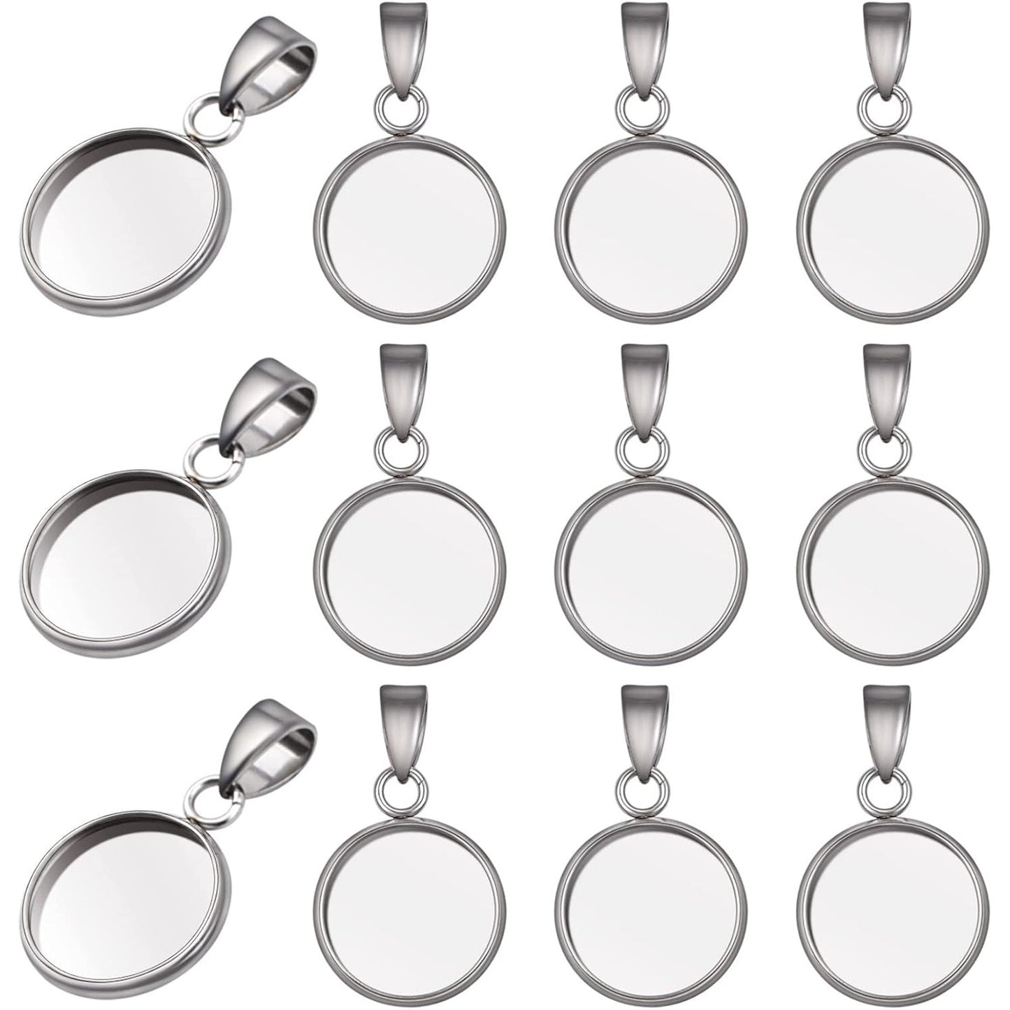 20pcs Stainless Steel Round Blank Bezel Pendant Trays with Pinch Clasp Buckle Base Cabochon Settings Charms Fit 12 mm for DIY Jewelry Making Cameo Photo Resin Crafts