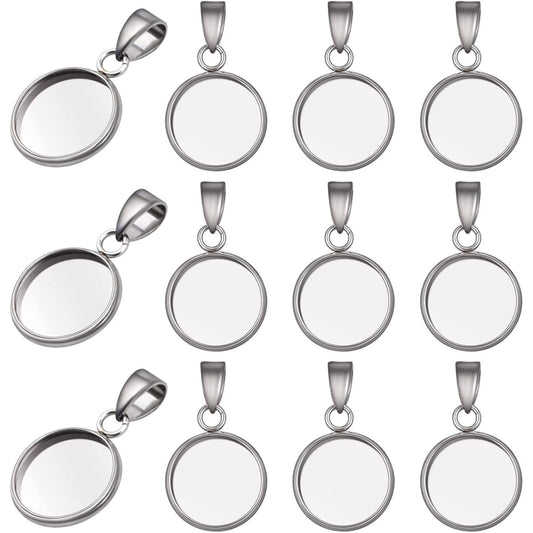 20pcs Stainless Steel Round Blank Bezel Pendant Trays with Pinch Clasp Buckle Base Cabochon Settings Charms Fit 12 mm for DIY Jewelry Making Cameo Photo Resin Crafts