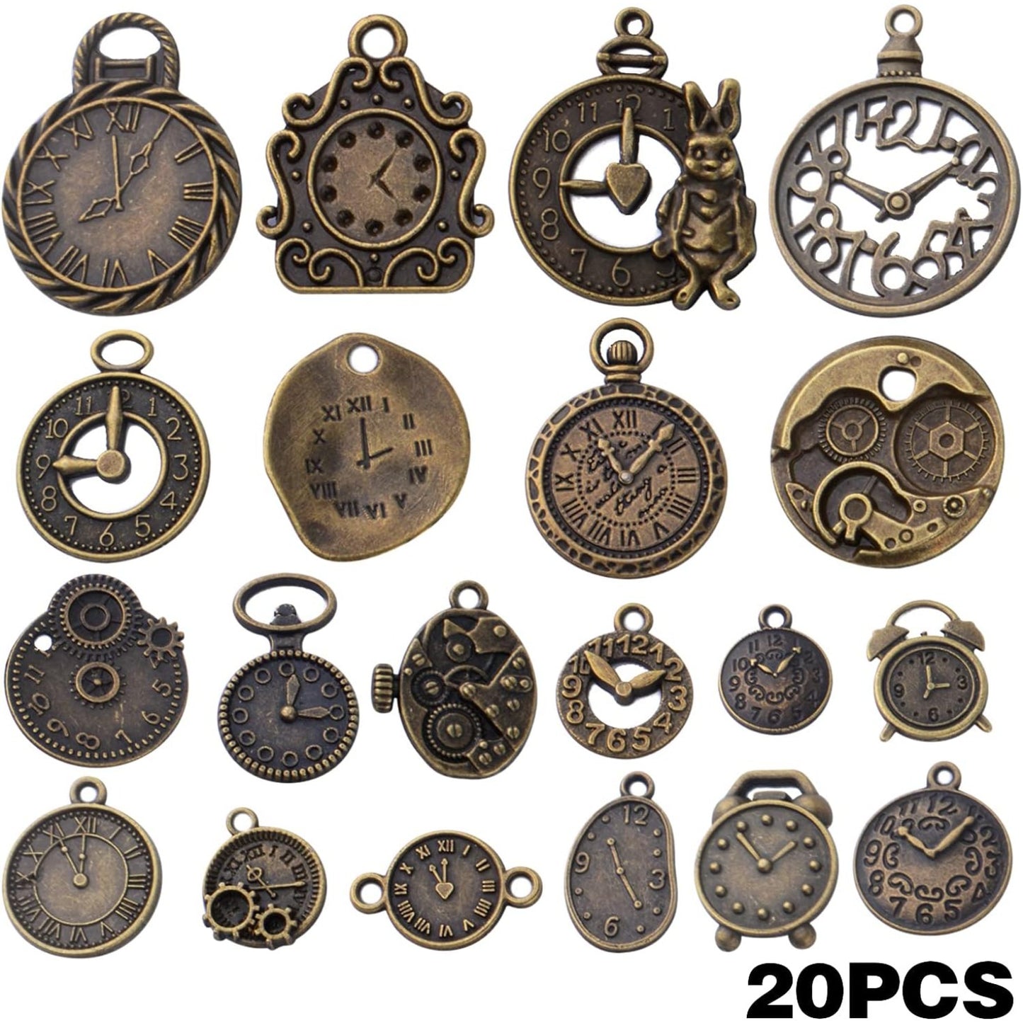 20pcs Antique Bronze Clock Face Charms Alloy Watch Steampunk Charm Pendants Connector Alice Clock Charms Craft Supplies for DIY Bracelet Necklace Jewelry Making Accessories