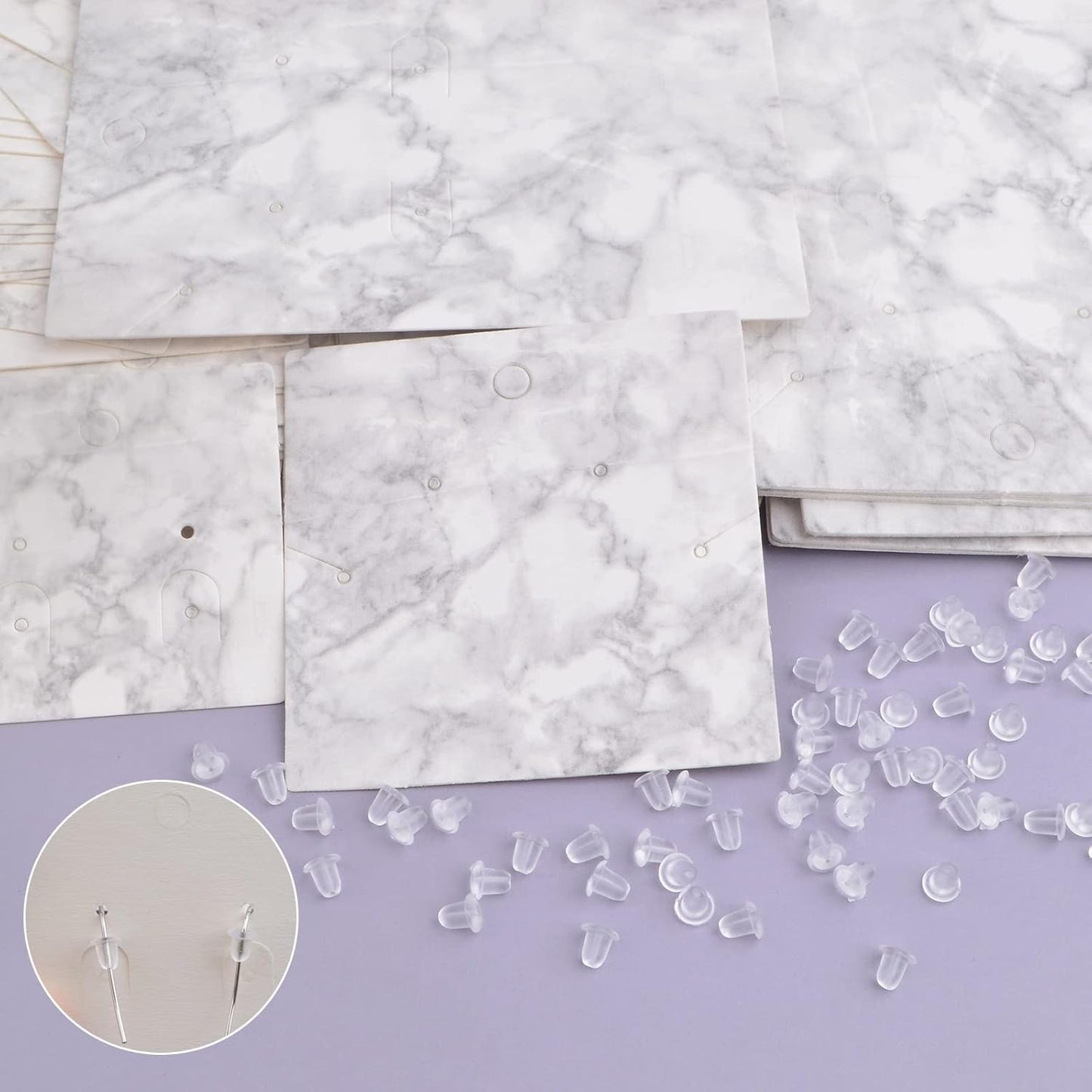 500pcs Marble Design Earring Card Display Holder Set, 120pcs 3 Styles Marble Display Cards and 380pcs Clear Silicone Earring Backs for DIY Jewelry Display Packing Supplies