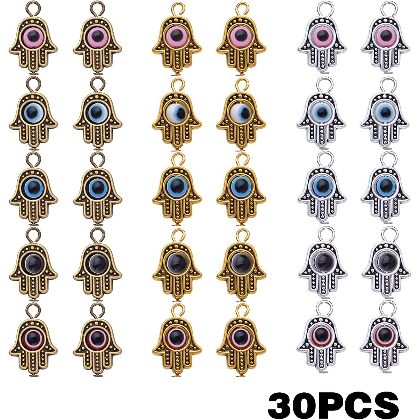 30pcs Hamsa Hand Charms Evil Eye Bead of Fatima Symbol Pendants Hamsa Hand Beads Frame Charms for DIY Necklace Bracelet Earrings Crafts Jewelry Making Findings, 3 Colors