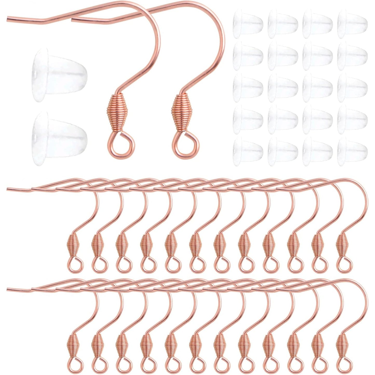 50pcs Stainless Steel Large Earring Hooks Hypoallergenic French Ear Wires Fish Hooks and 50pcs Clear Earring Safety Backs for DIY Dangle Earring Making Supplies, Rose Golden