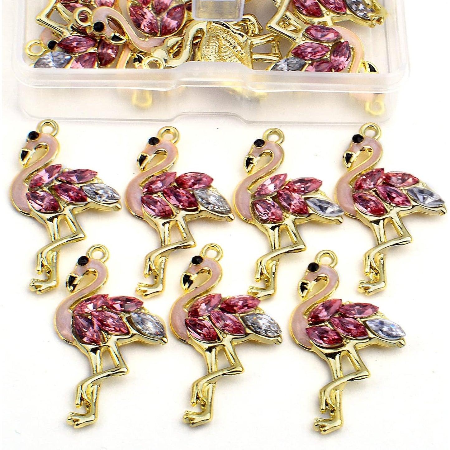 20pcs Golden Plated Flamingo Charms with Rhinestone Alloy Enamel Flamingo-Shape Pendants Pink Bird Animal Dangle Charms with a Box for DIY Bracelet Jewelry Making Supplies Decor