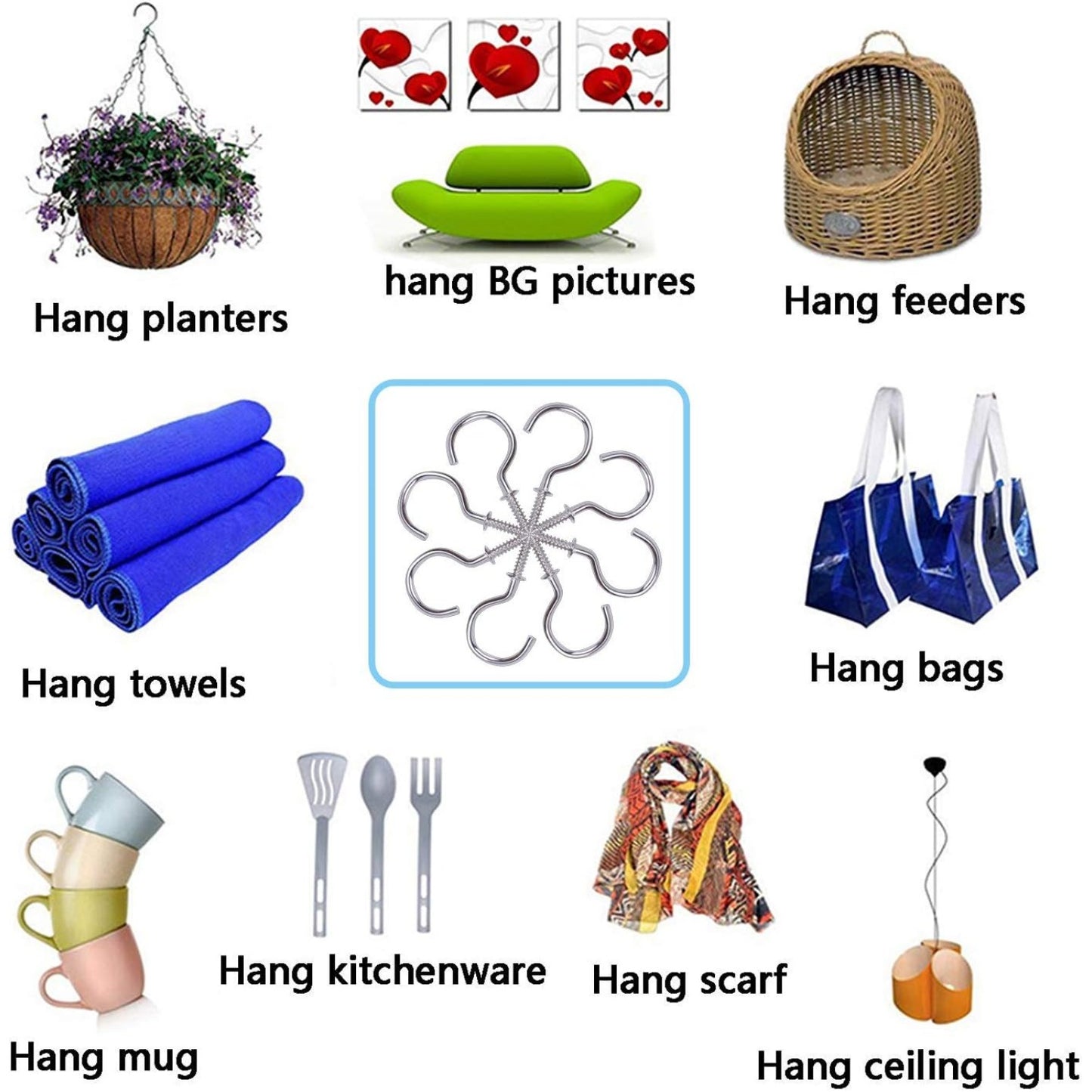 BronaGrand 100pcs Nickel Plated Metal Screw-in Ceiling Hooks Cup Hooks Silver 1inch