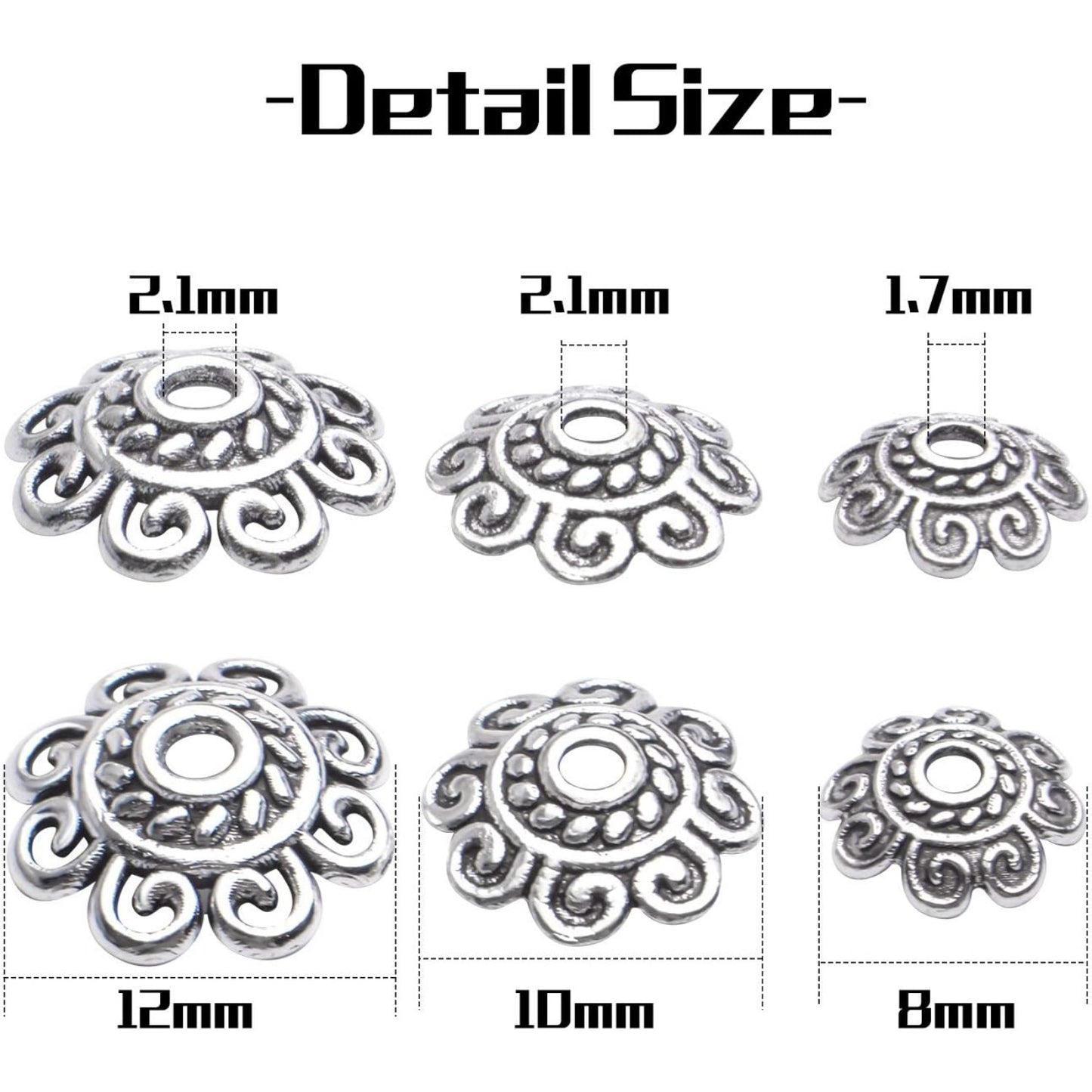 Spacer Bead Caps, 200pcs 8mm/10mm/12mm Metal Flower Bead Caps for Jewelry DIY Necklace Bracelet Making, Antique Silver