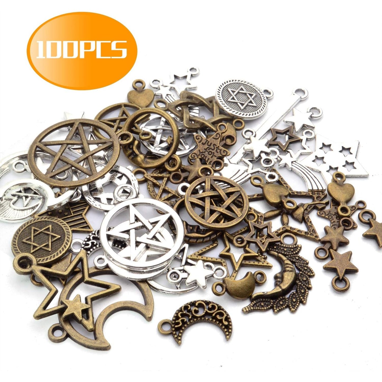 100pcs Mixed Sun Moon Star Charms Antique Alloy Celestial Charms Pentagram Pendants for Bracelets Necklaces Crafts