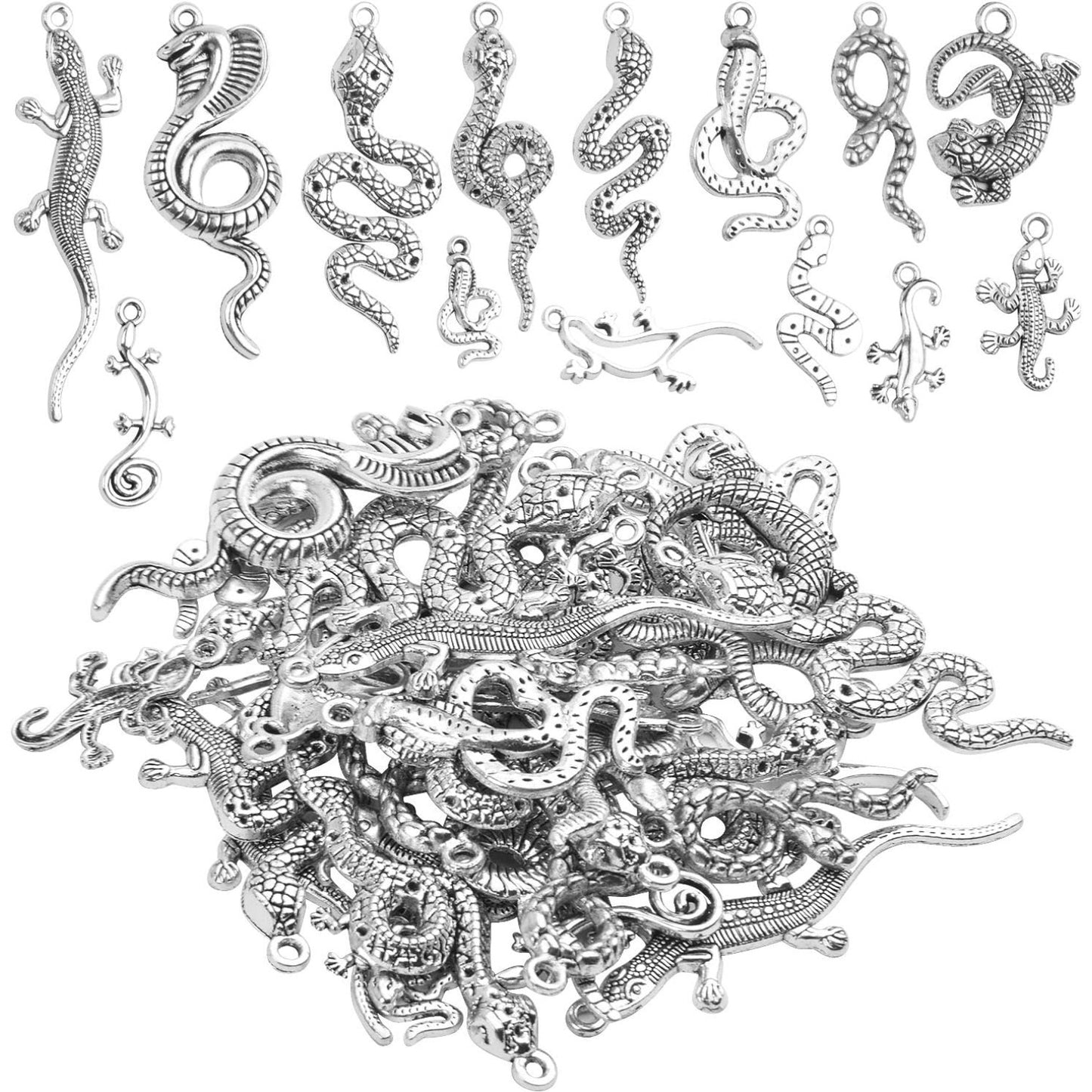 100g (About 25-40pcs) Antique Silver Snake Charms Assorted Serpent Pendants Lizard Charms Jewelry Accessories for Bracelet Necklace Earring Making