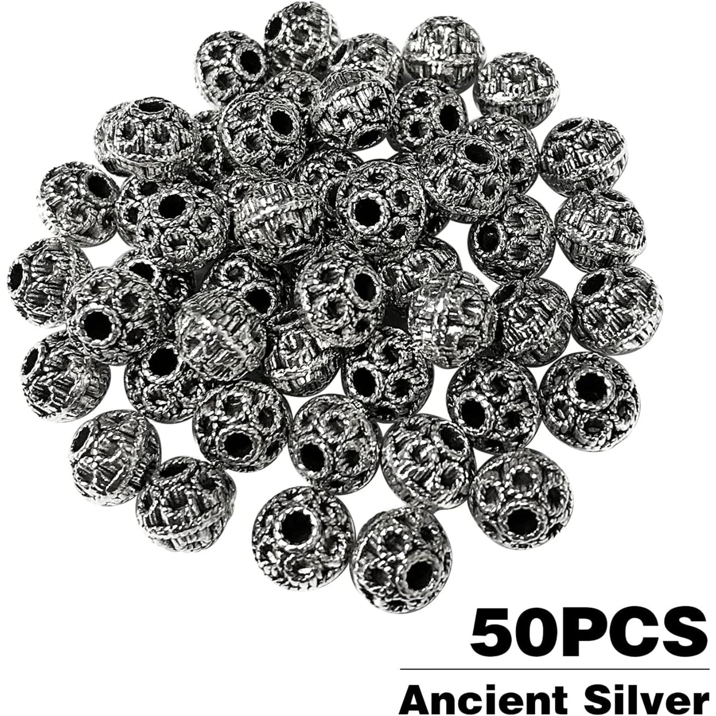 50pcs Antique Silver Spacers Beads Alloy Round Ball Spacer Beads Rondelle Beads Loose Bead Charm Beads for Jewelry DIY Bracelet Crafts Making Finding