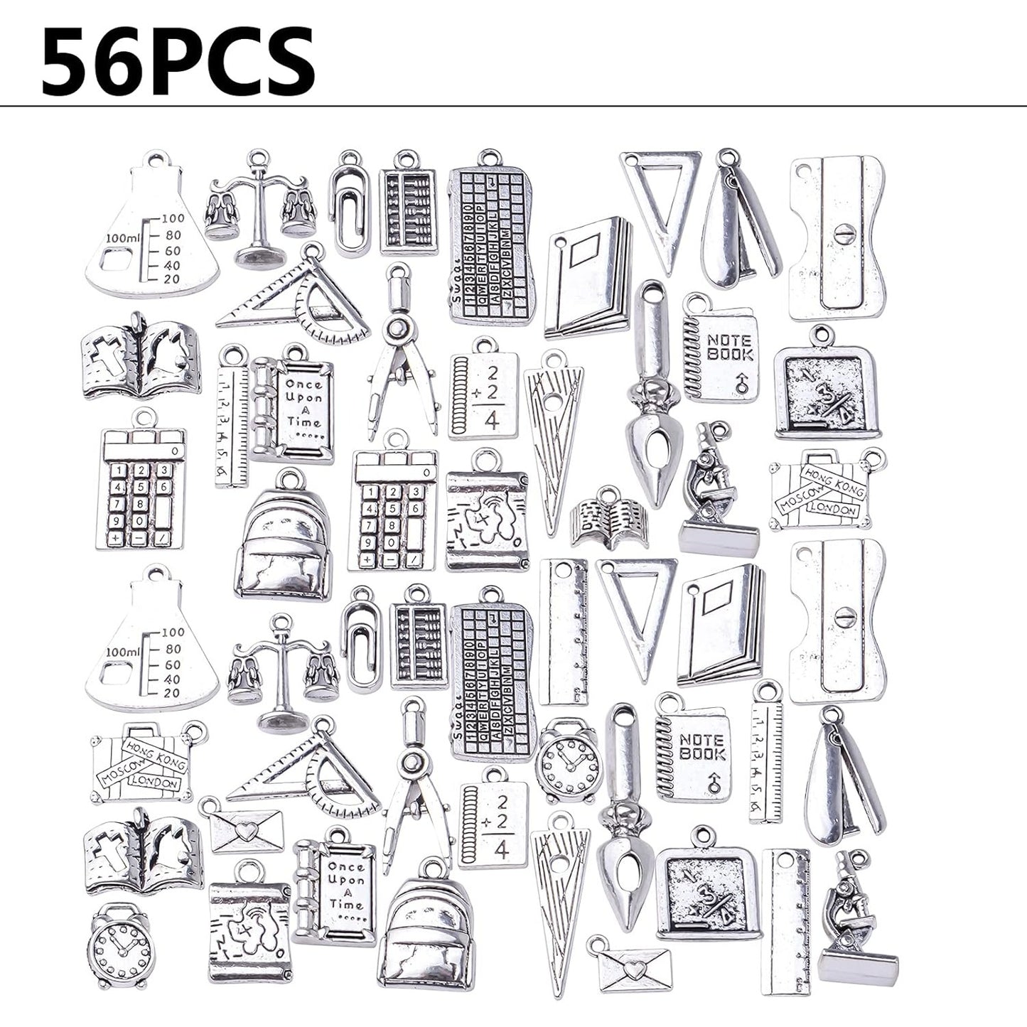 56pcs Mixed Styles School Theme Charms Tibetan Alloy Teacher Pendants Ruler Pen Books Calculator Compass Charms for DIY Bracelet Necklace Crafts Jewelry Making, Antique Silver