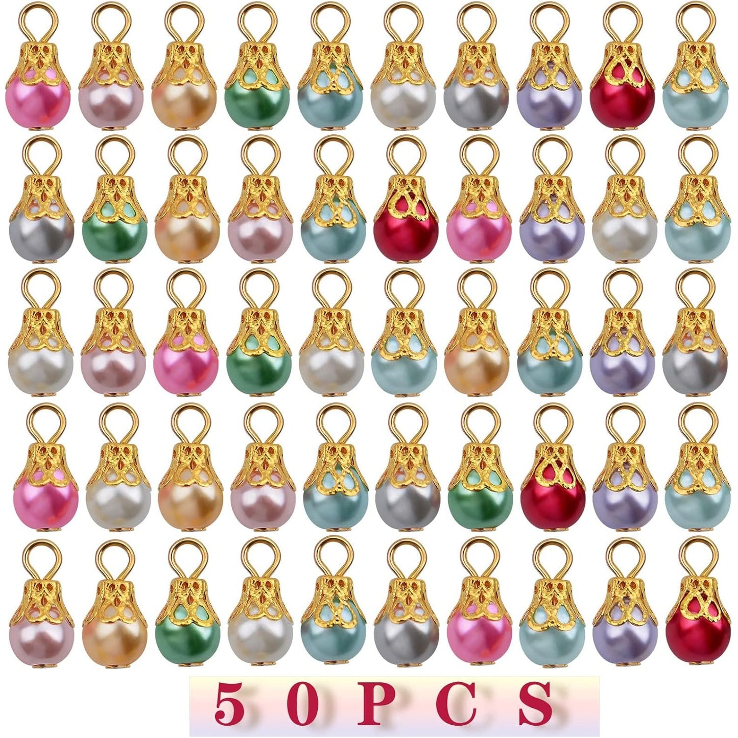 50pcs Imitation Pearl Dangle Charms Golden Filigree Flower Cap Drop Bead Pendants Jewelry Accessories for DIY Necklace Earrings Birthday Party Gifts, 10 Colors