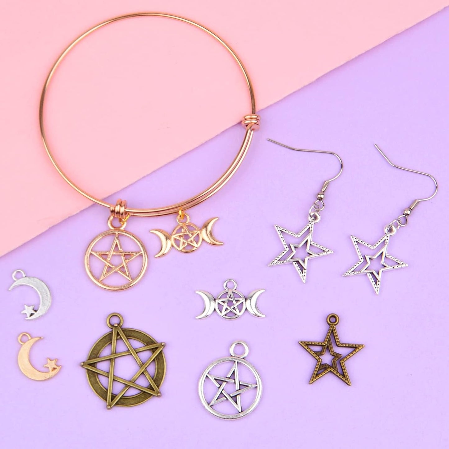 70pcs Mixed Pentacle Star Charms Moon Pentagram Witch Magic Pendants Vintage Alloy Protection Lucky Charms for DIY Necklace Bracelet Earrings Jewelry Making and Crafting