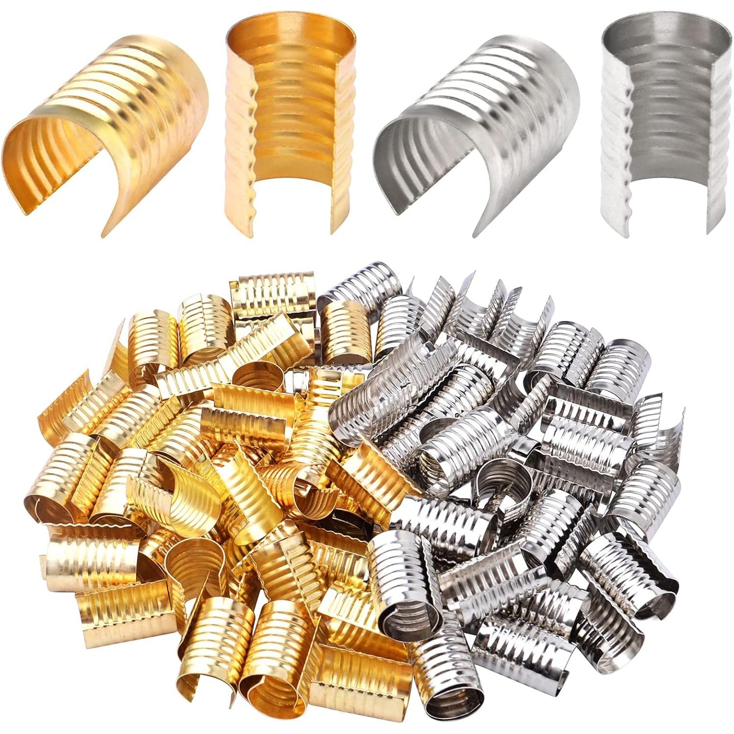 100pcs Leather Rope Clips Foldable Metal Round Fastener Crimping Cord String Leather Cord Clamp for DIY Handmade Necklace Crafts Jewelry Making Findings, Light Golden and Silver, 14.1 mm x 9 mm