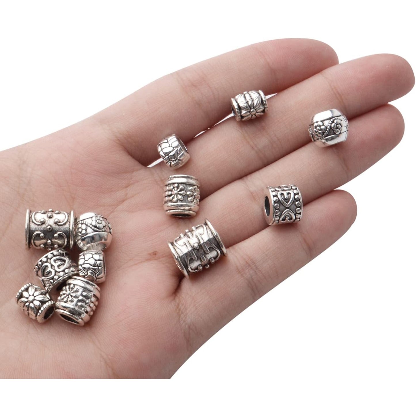 Large Hole Spacer Beads,100g Antique Silver Mixed Styles Tube Bead Spacers Tibetan Alloy Column Barrel Round Spacers Loose Beads for DIY Jewelry Bracelet Crafts Making Supplies