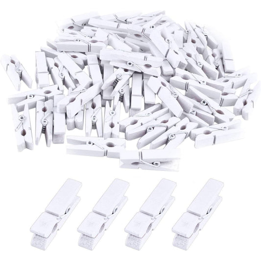 BronaGrand 100pcs Mini White Wooden Utility Paper Clips, Clothespins, Photo Clips