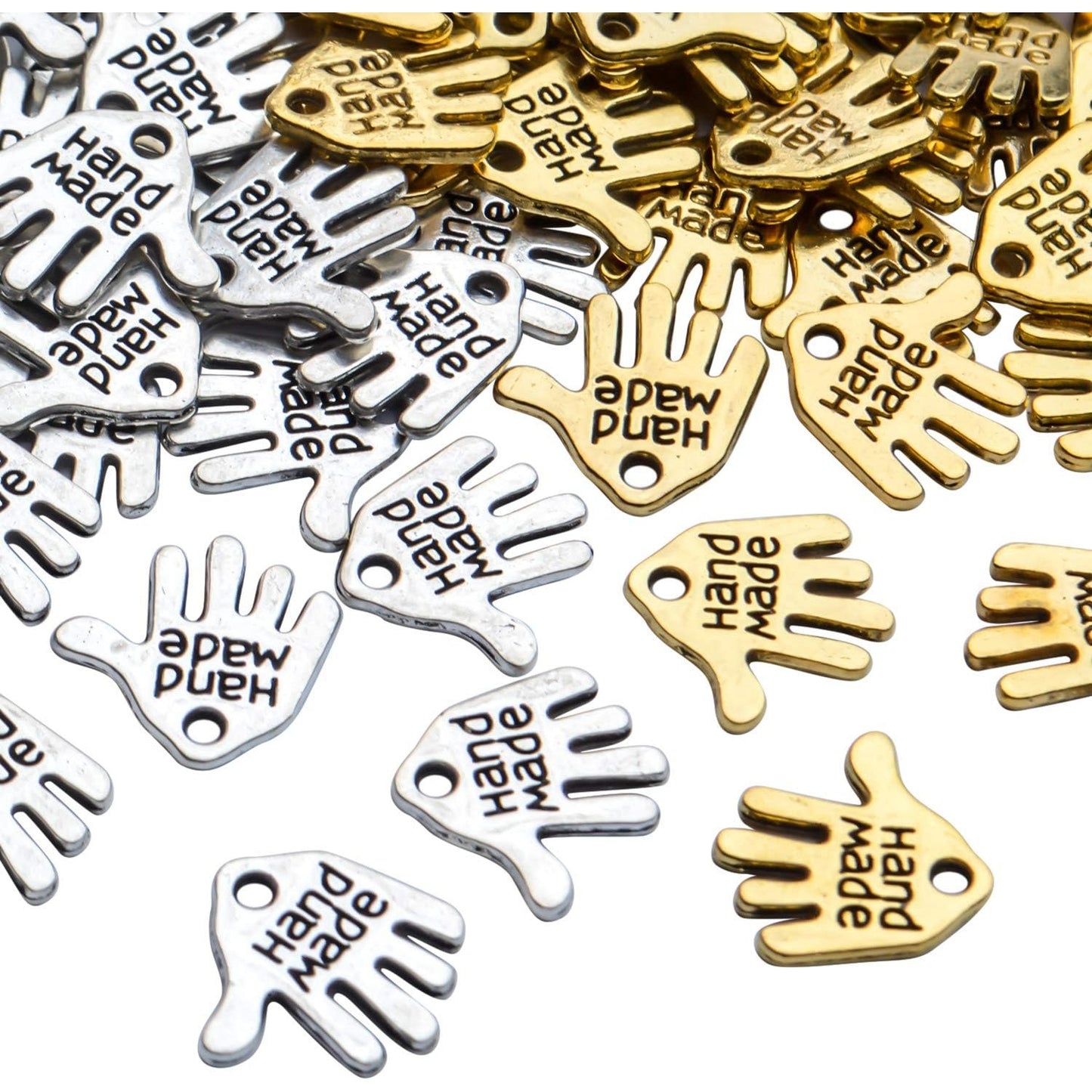 Hand Shaped Charms, 100pcs Tibetan Hand Shaped Charms Hand Made Tag Signs Pendants Carved Tone for Fashionable Jewelry Making Charms Crafting Sewing, Antique Golden, Antique Silver