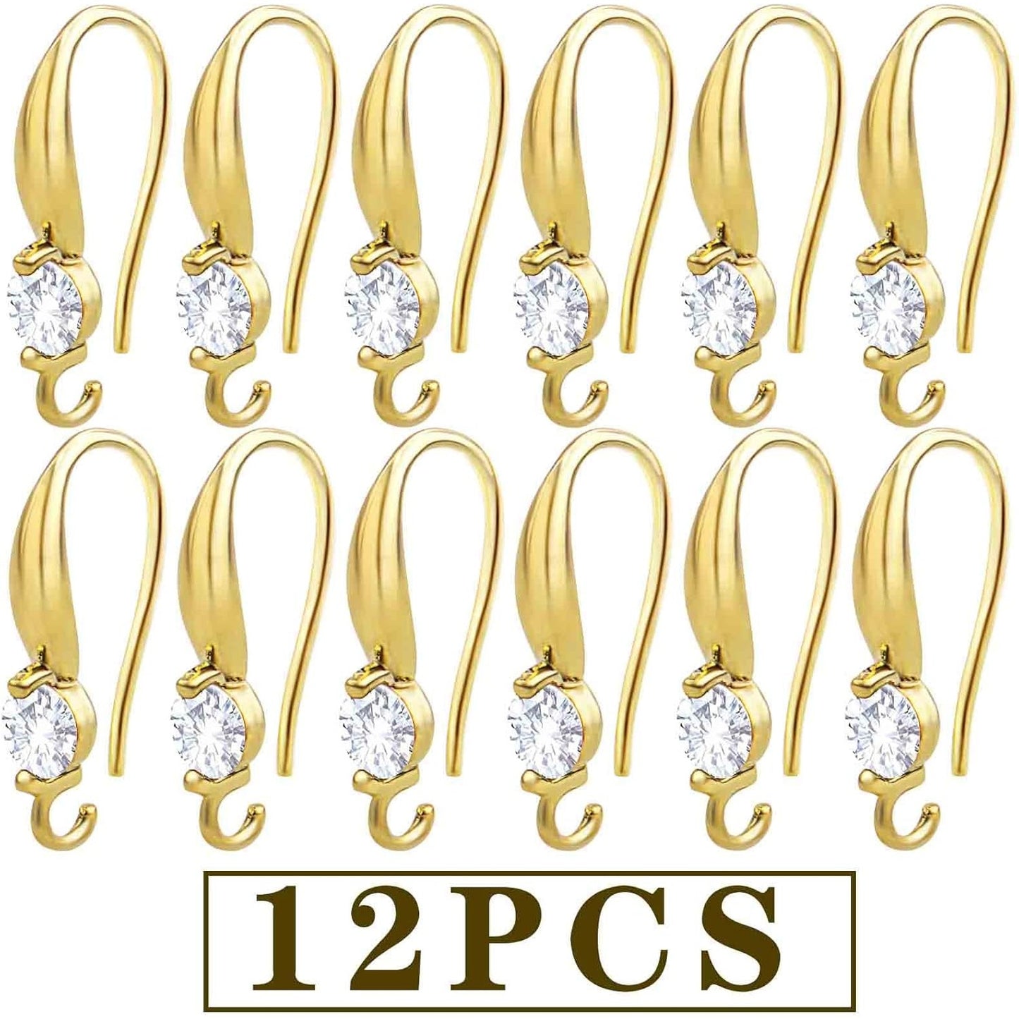 12pcs Silver Plated Rhinestone Earring Hooks Brass Ear Wire Fish Hooks with Open Loop Round Rhinestone Earring Components for Women DIY Earrings Jewelry Making