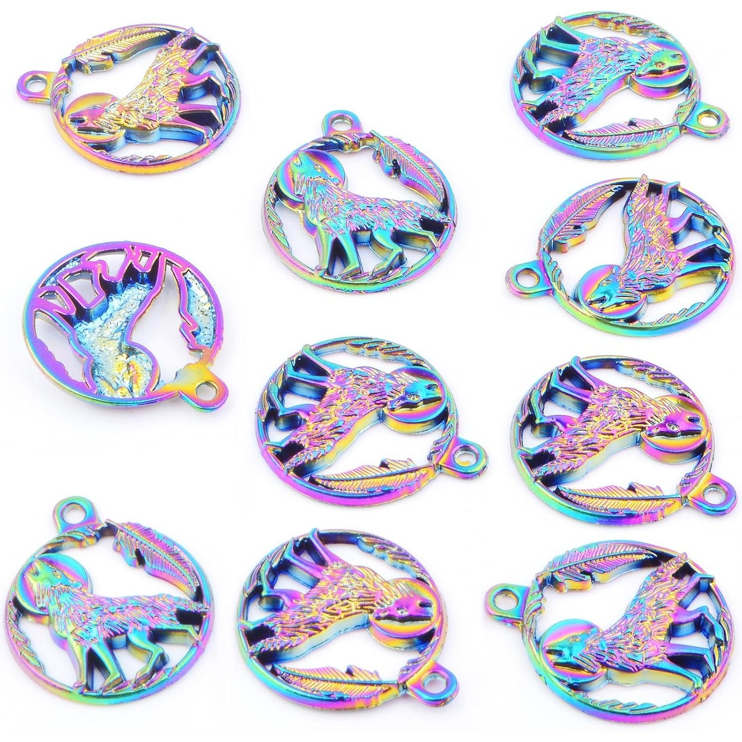 10 Pieces Rainbow Color Wolf Shape Charms Alloy Hollow Animal Wolf Dangle Pendants Hanging Ornaments for DIY Necklace Bracelet Jewelry Making Crafting, 25 x 21 mm