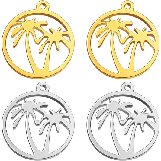 10pcs 2 Colors Stainless Steel Round Ring with Coconut Tree Charms Hypoallergenic Hawaii Tropical Plant Tree Pendants for DIY Necklace Bracelet Keychains Jewelry Making