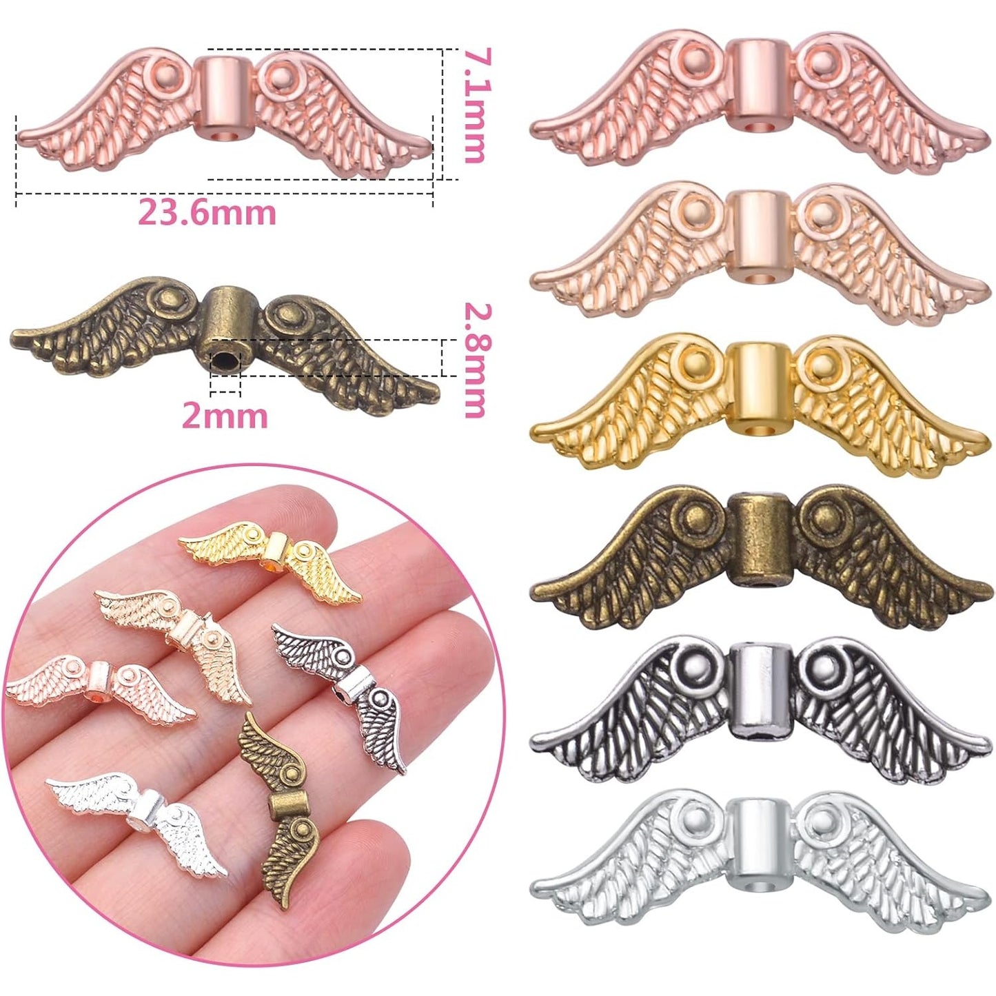 60pcs Tibetan Style Angel Wing Spacer Beads Alloy Small Hole Wing Loose Spacer Charm Beads Accessories for DIY Bracelet Necklace Earrings Jewelry Making, Bright Silver