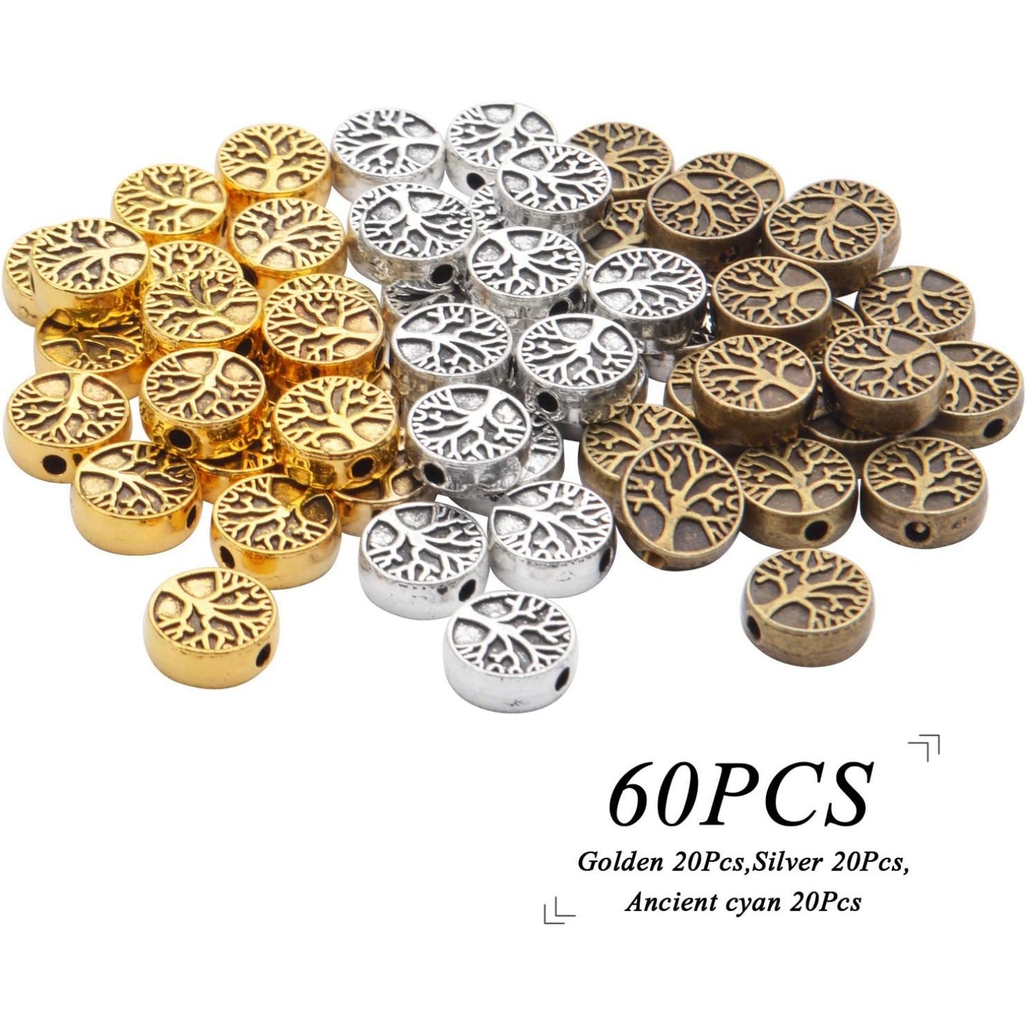 60pcs Antique Tree of Life Beads Mixed Loose Spacer Beads Metal Jewelry Findings for Making Necklace Bracelet Craft,3 Colors